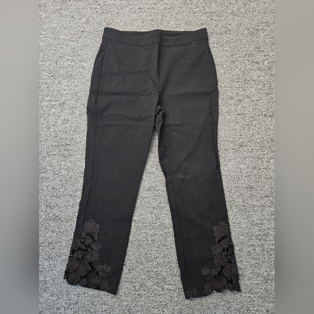 Black Ankle Pants with Floral Lace Hem